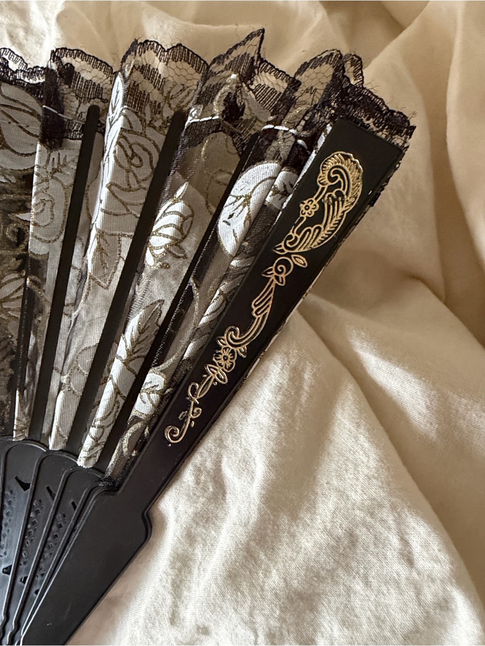 Black Lace Hand Fan with Gold Accent - Picture 5 of 5